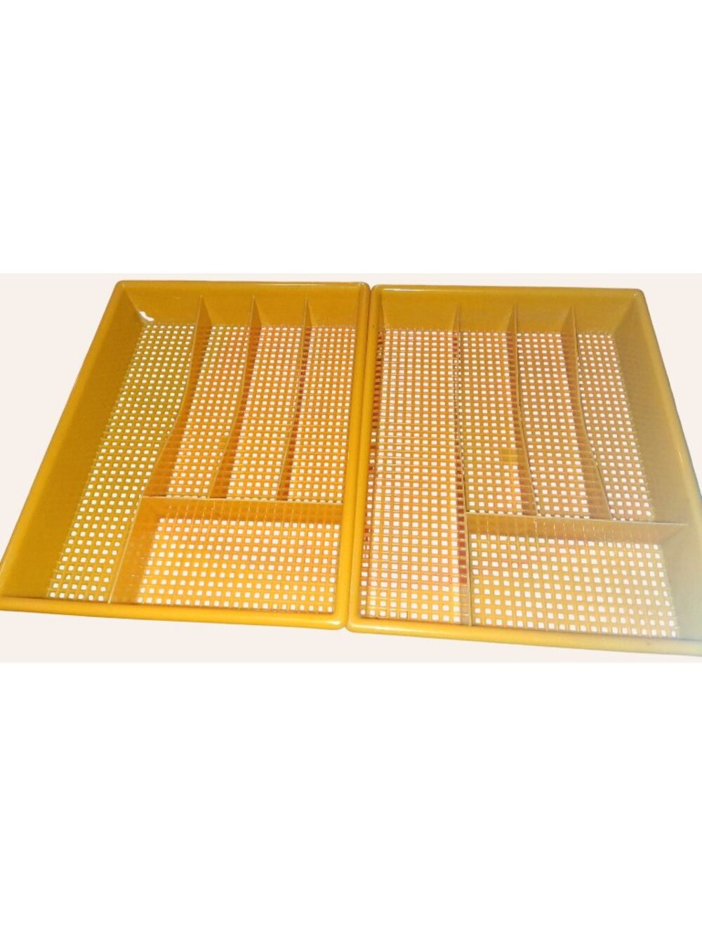 Set Of 2 Vintage Yellow Plastic Cutlery Trays With Dividers For Kitchen Organiza